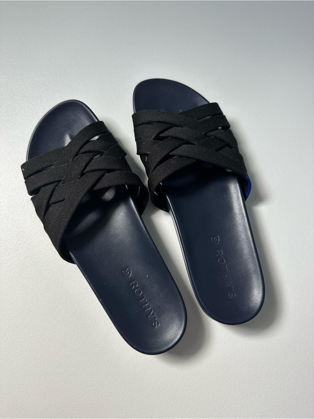 Rothy's Navy and Black Crisscross Slide Sandals